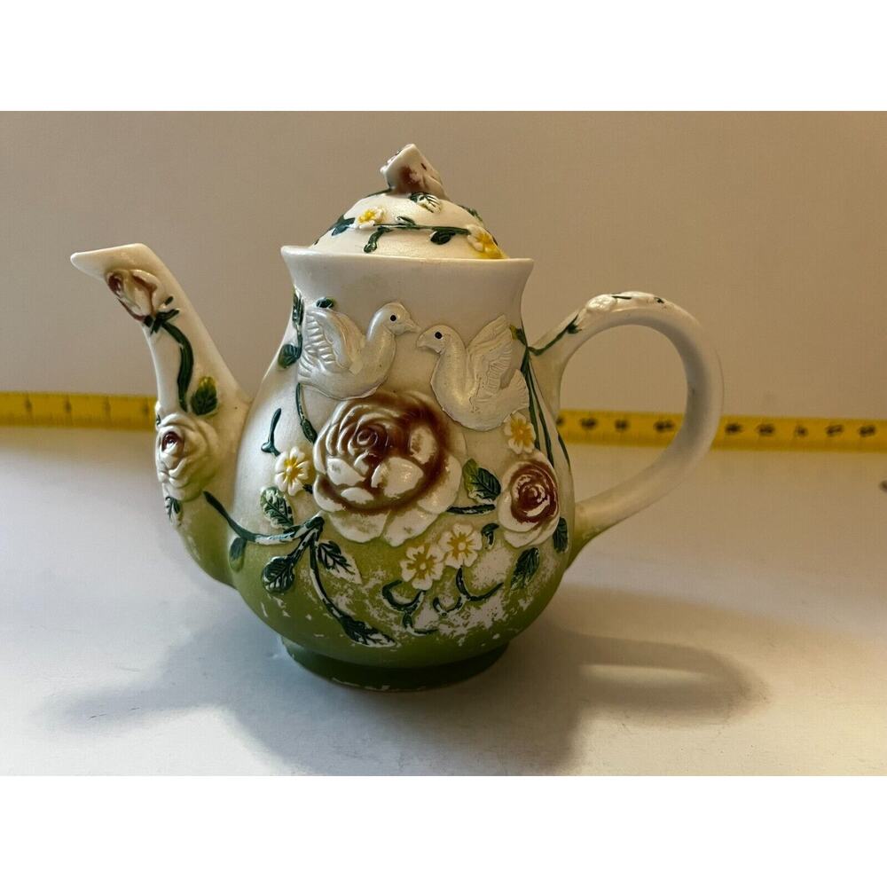 Doves Floral Ornate Flower Porcelain Design Ceramic Teapot Vintage 8" Food Safe